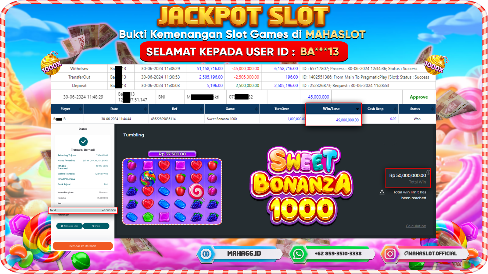 MAHASLOT JACKPOT SLOT SWEET BONANZA X1000 Rp. 45.000.000,- LUNAS