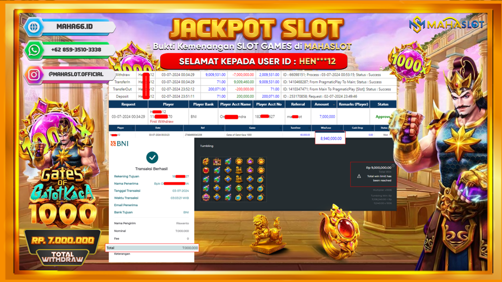 MAHASLOT JACKPOT SLOT GATES OF GATOTKACA X1000 Rp. 7.000.000,- LUNAS