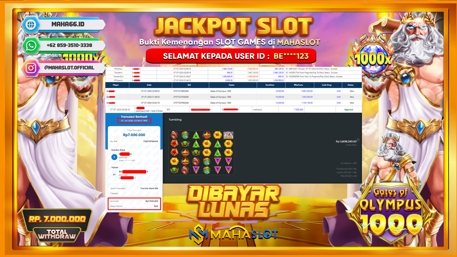 MAHASLOT JACKPOT SLOT GATES OF OLYMPUS X1000 Rp. 7.000.000,- LUNAS