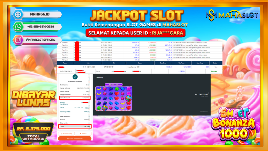 MAHASLOT JACKPOT SLOT SWEET BONANZA X1000 Rp. 2.379.000,- LUNAS