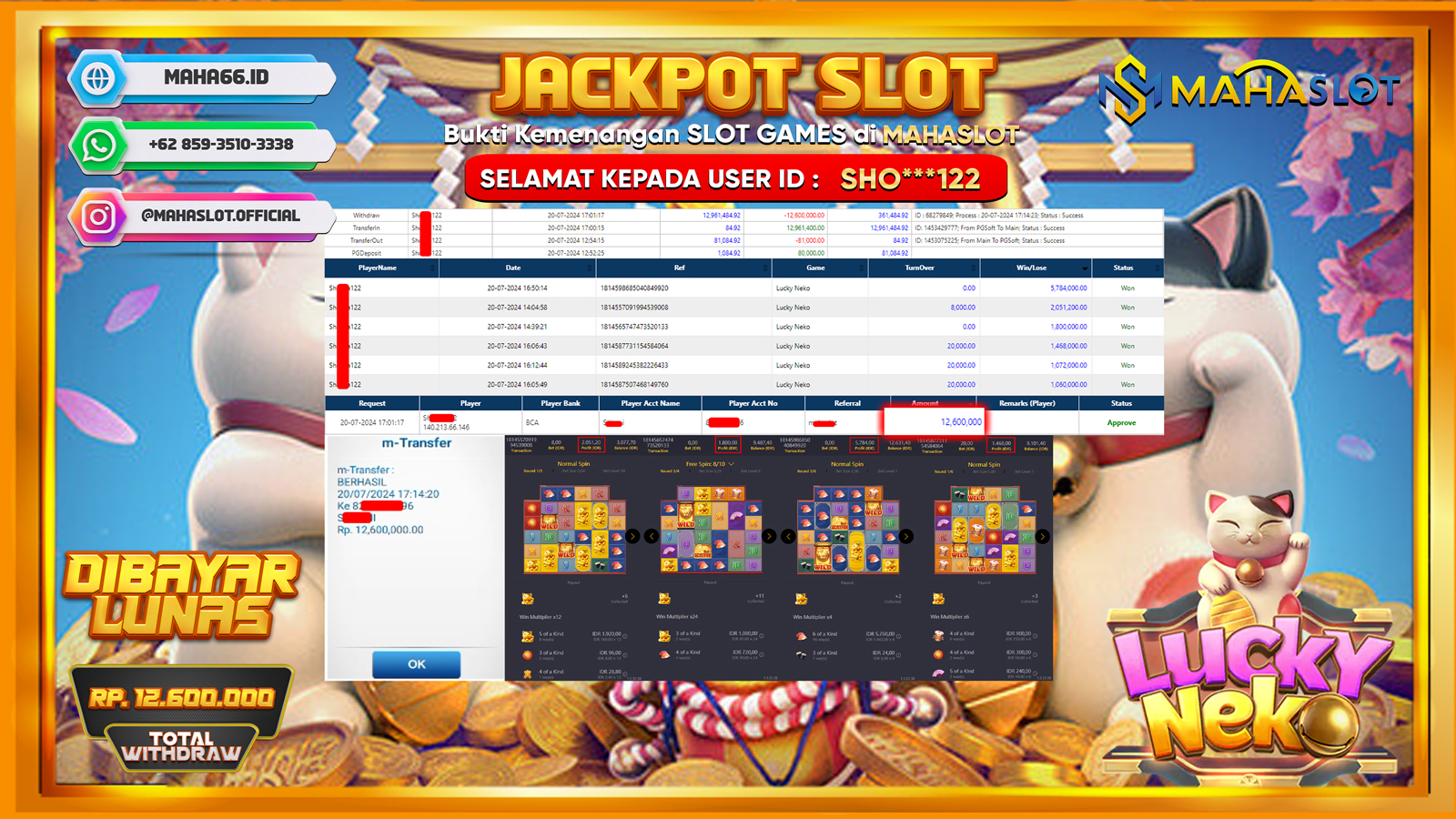 MAHASLOT JACKPOT SLOT LUCKY NEKO Rp. 12.600.000,- LUNAS