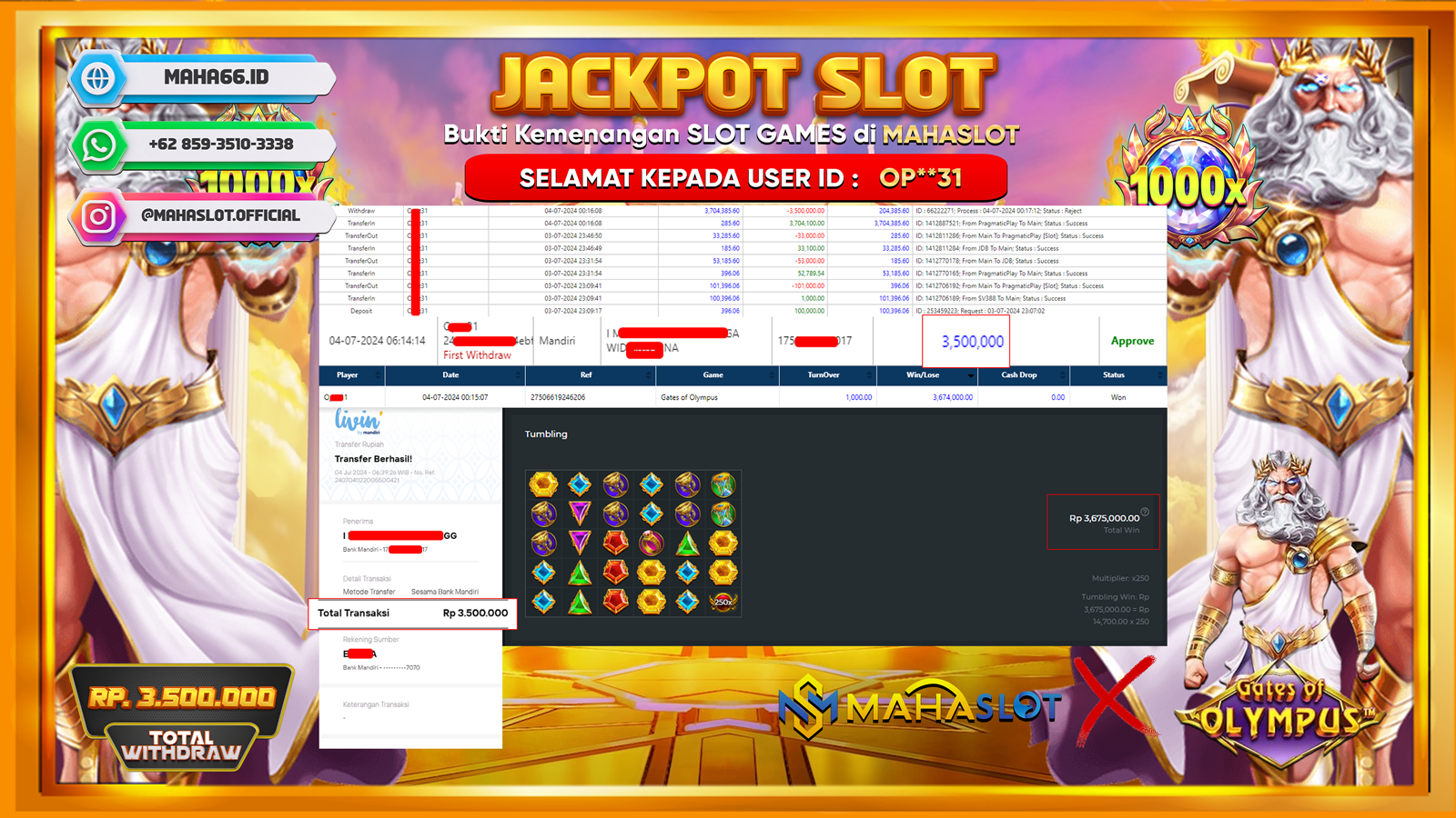 MAHASLOT JACKPOT SLOT GATES OF OLYMPUS Rp. 3.500.000,- LUNAS