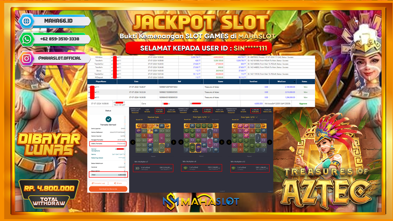 MAHASLOT JACKPOT SLOT TREASURE OF AZTEC Rp. 4.800.000,- LUNAS