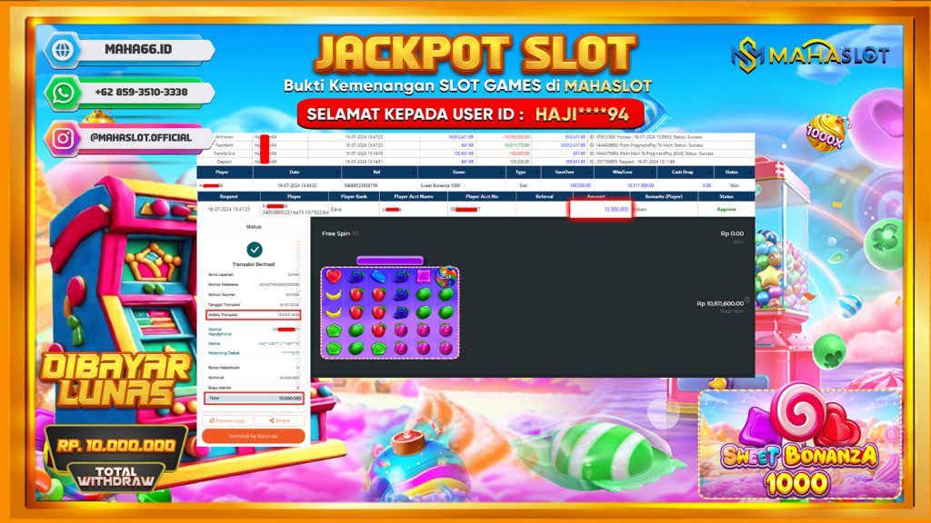 MAHASLOT JACKPOT SLOT SWEET BONANZA X1000 Rp. 10.000.000,- LUNAS