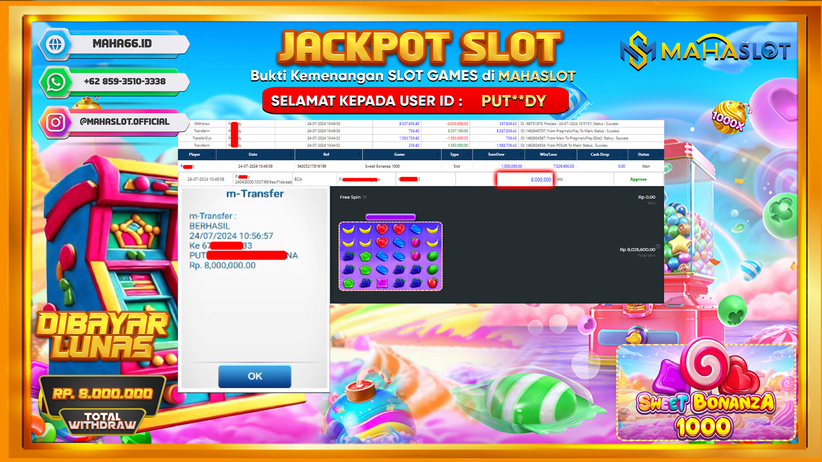 MAHASLOT JACKPOT SLOT SWEET BONANZA X1000 Rp. 8.000.000,- LUNAS