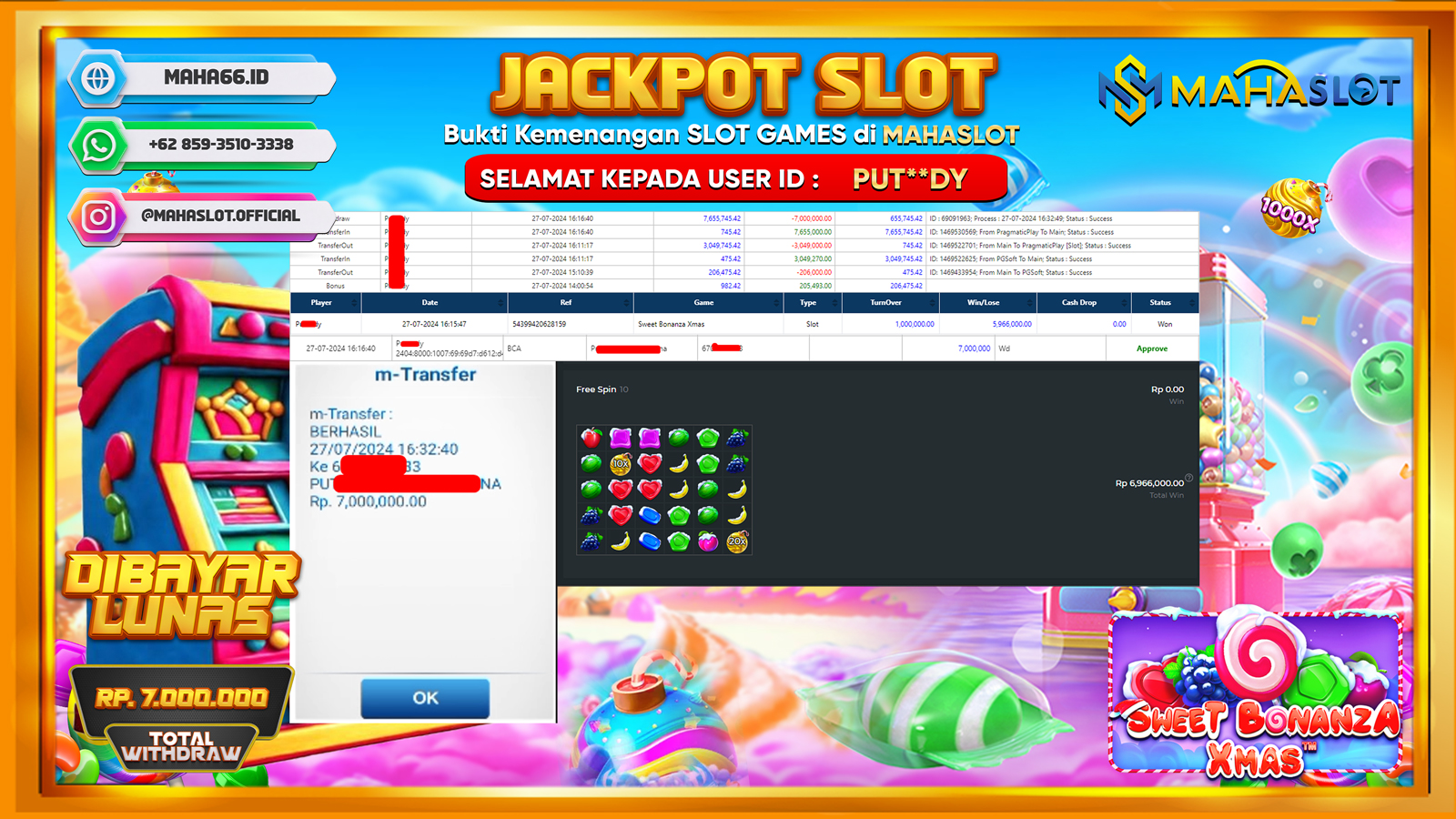 MAHASLOT JACKPOT SLOT SWEET BONANZA XMAS Rp. 7.000.000,- LUNAS