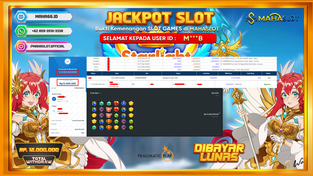 MAHASLOT JACKPOT SLOT STARLIGHT PRINCESS X1000 Rp. 12.000.000,- LUNAS