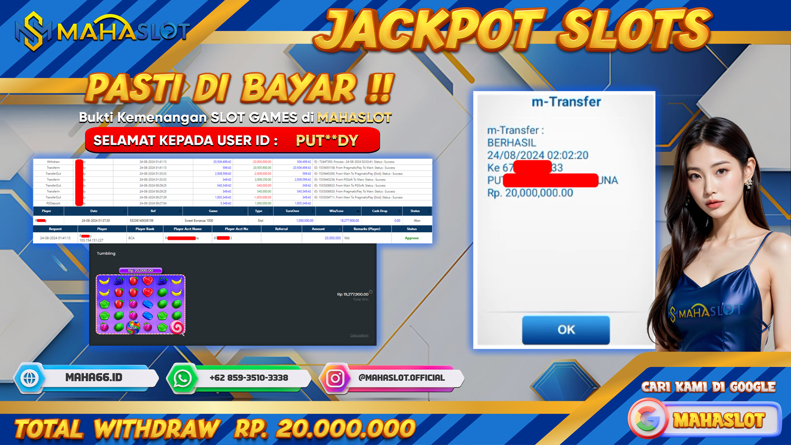 MAHASLOT JACKPOT SLOT SWEET BONANZA X1000 Rp. 20.000.000,- LUNAS